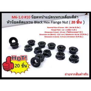 M6-1.0 หัวน็อตหน้าแปลนหกเหลี่ยมสีดำ หัวน็อตติดแหวน หัวน๊อตจานจักร Black Hex Flange Nut มีให้เลือก 3 จำนวน