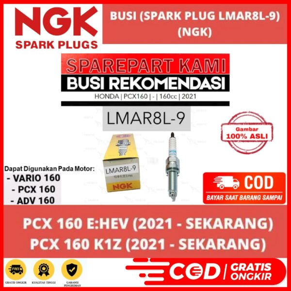 หัวเทียน NGK (LMAR8L-9) SPARK PLUG NGK PCX 160e:hev 2021 PCX 160k1z 2021 VARIO 160k2s 2022 ADV 160 2022 XMAX 250 LMAR8L-9