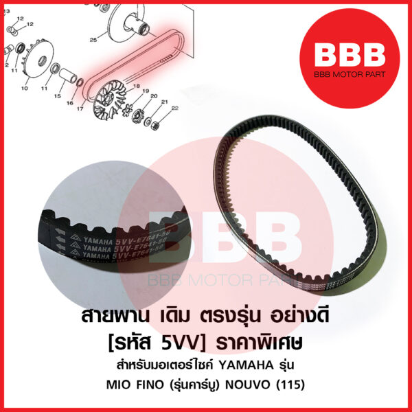 HY ใหม่ สายพาน อย่างดี แบบเดิม ตรงรุ่น สำหรับมอเตอร์ไซค์ YAMAHA รุ่น MIO FINO (115 รุ่นคาร์บู) NOUVO รหัส 5vv ราคาส่ง